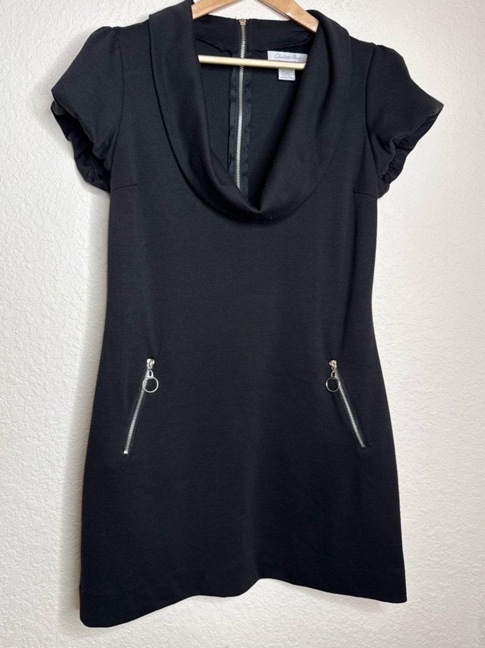 Charlotte Russe Black Cowl Neck Zip Dress Y2K Style Size L Grunge Mob Wife Edgy